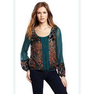 Lucky Brand Womens Blue Brown Velvet Printed Long Sleeve Sheer Blouse Top Size S